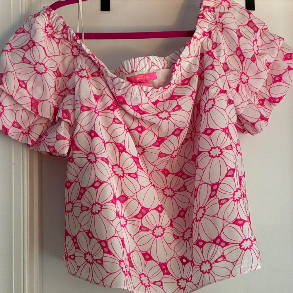 Lilly Pulitzer White Top with Bright Pink Floral Print